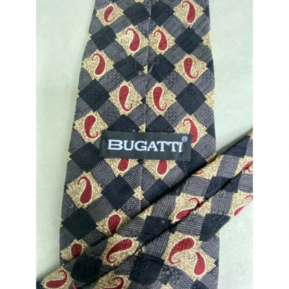 Bugatti Mens Tie Silk Paisley Checkered Black Gold Red‎ Italian Silk 59X4